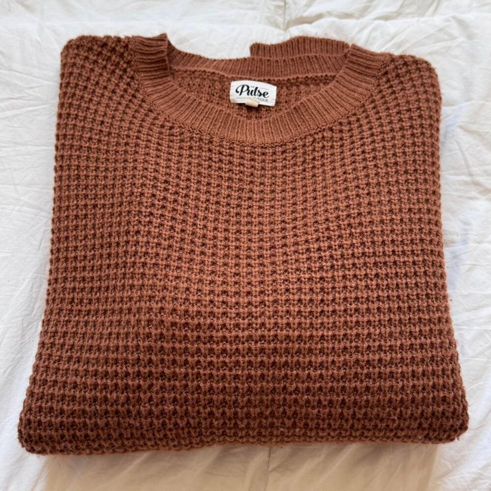 pulse boutique Brown oversized waffle knit‎ sweater sz S boxy cottagecore boho